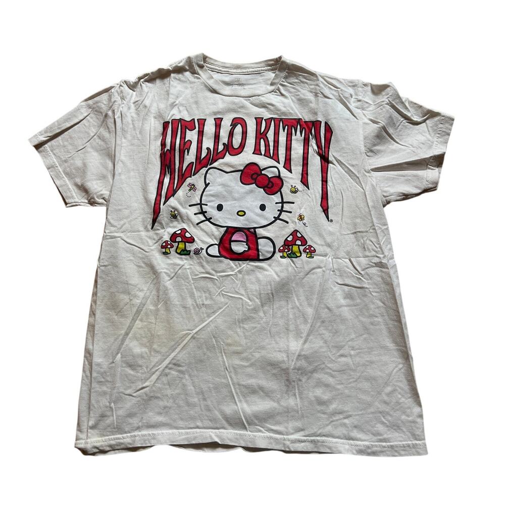 Hello Kitty Womens TShirt Medium White Sanrio Spellout Kitty